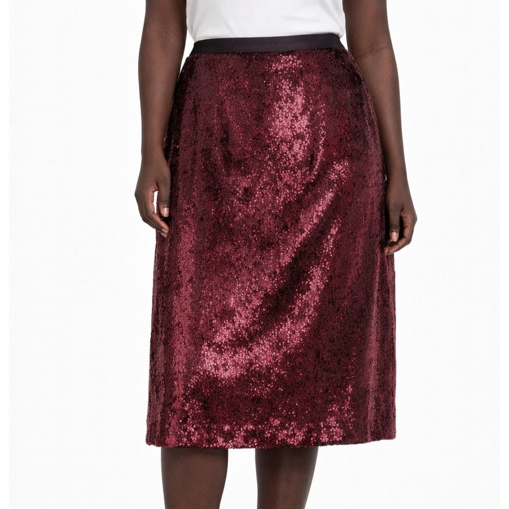 A NEW DAY Size 10 Burgundy Red Silver Metallic Shine Midi Skirt Party Holiday‎